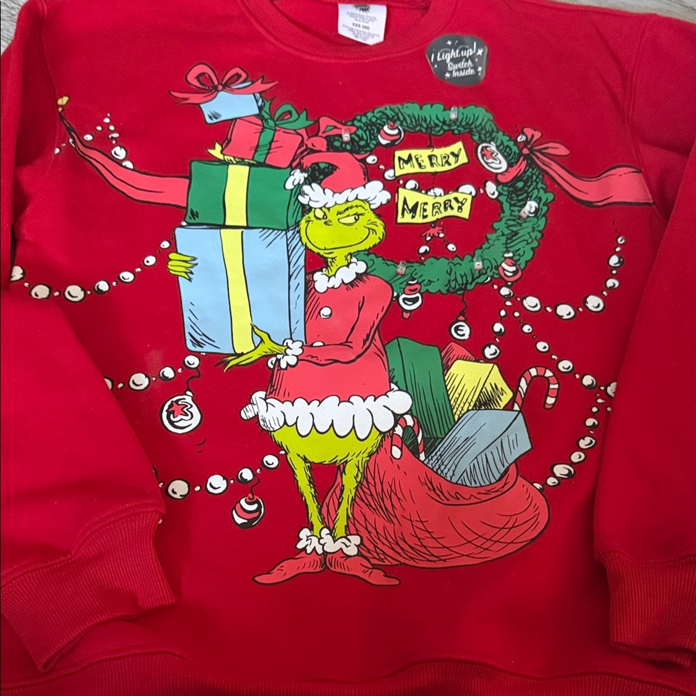 Grinch Red Holiday Sweatshirt with Festive Graphic And Lights Up NEW!
